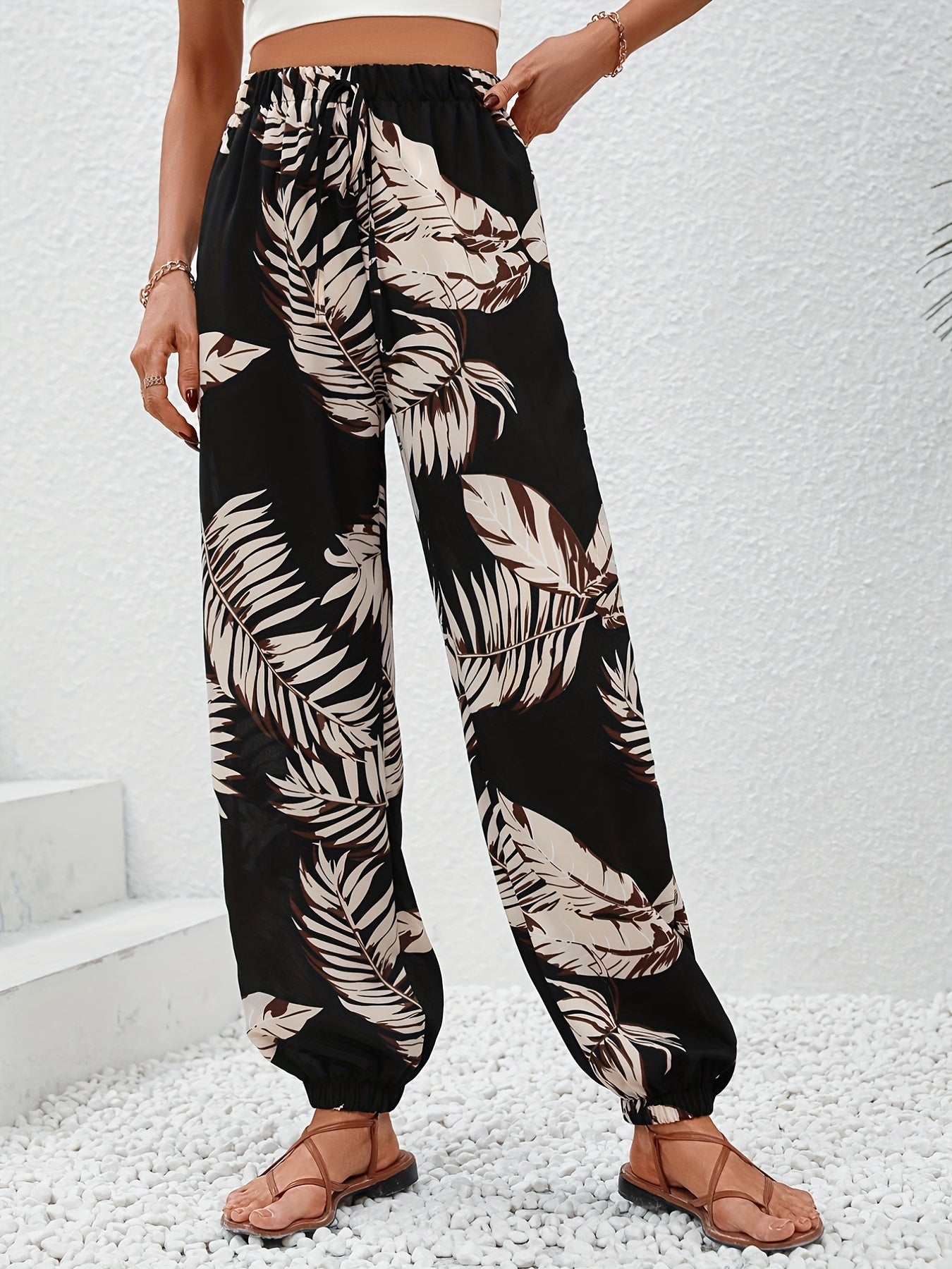 Leaves Print Jogger Pants Casual Random Print Wide Leg Pants