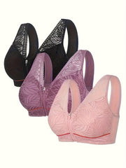 3pcs Wireless Push Up Bra Zipper Front Comfy Lace Contrast Bras