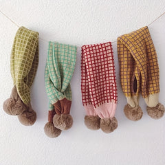 Knitted Small Plaid Hair Ball Warm Scarf 78x13in
