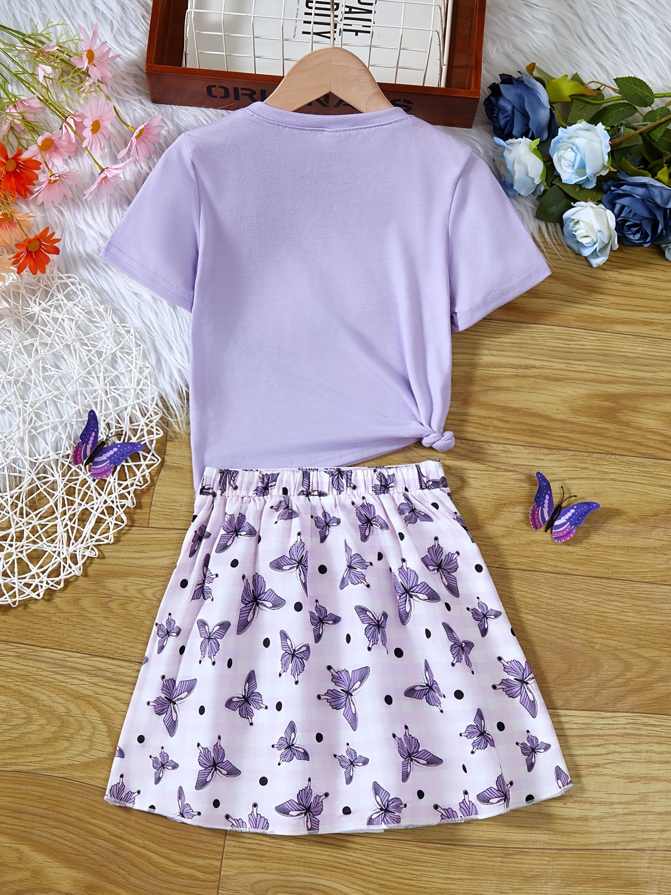 Girls Butterflies T-Shirt & Pleated Skirt Set
