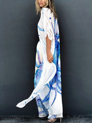 Octopus Print Thigh Split 2 Piece Beachwear Semi Sheer Kimono Cover Up & Pants