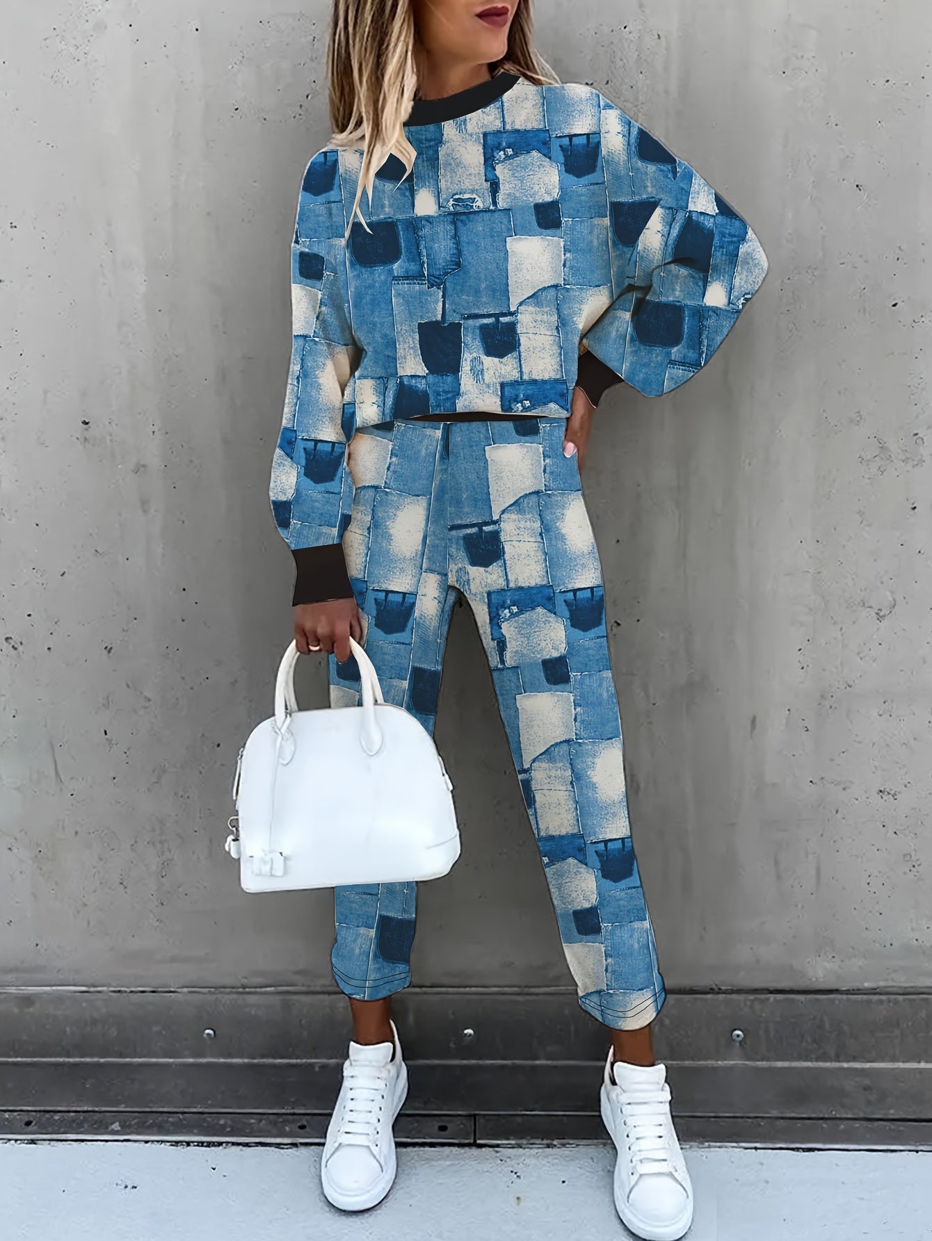 Denim Print Long Sleeve Top & Pants Set