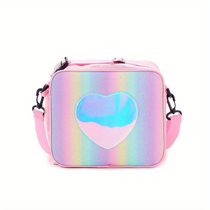 Laser Rainbow Heart Lunch Bag Handbag Insulated Bento Pack Crossbody Bag