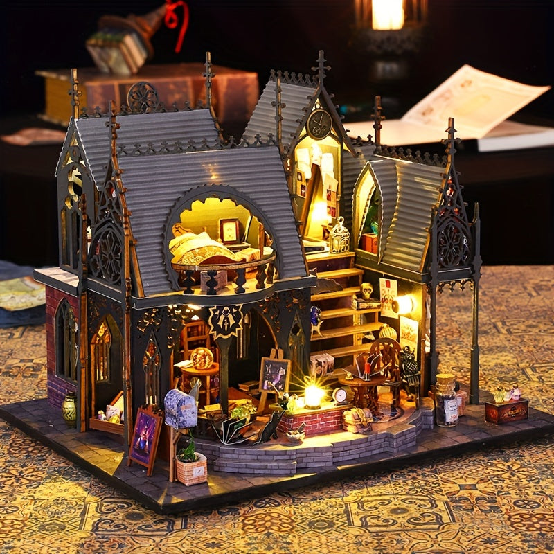 MAOMIYU Wooden Cabin Model Kit 3D Puzzle Dark Gray Brown Interior Room