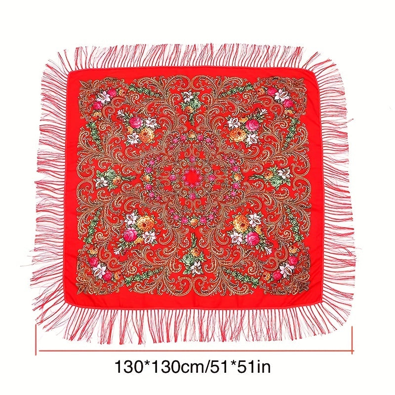Boho Flower Print Gray Square Scarf with Tassel Shawl