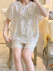 Cat Print Pajamas Set Short Sleeve Tee Top And Shorts Pj Set