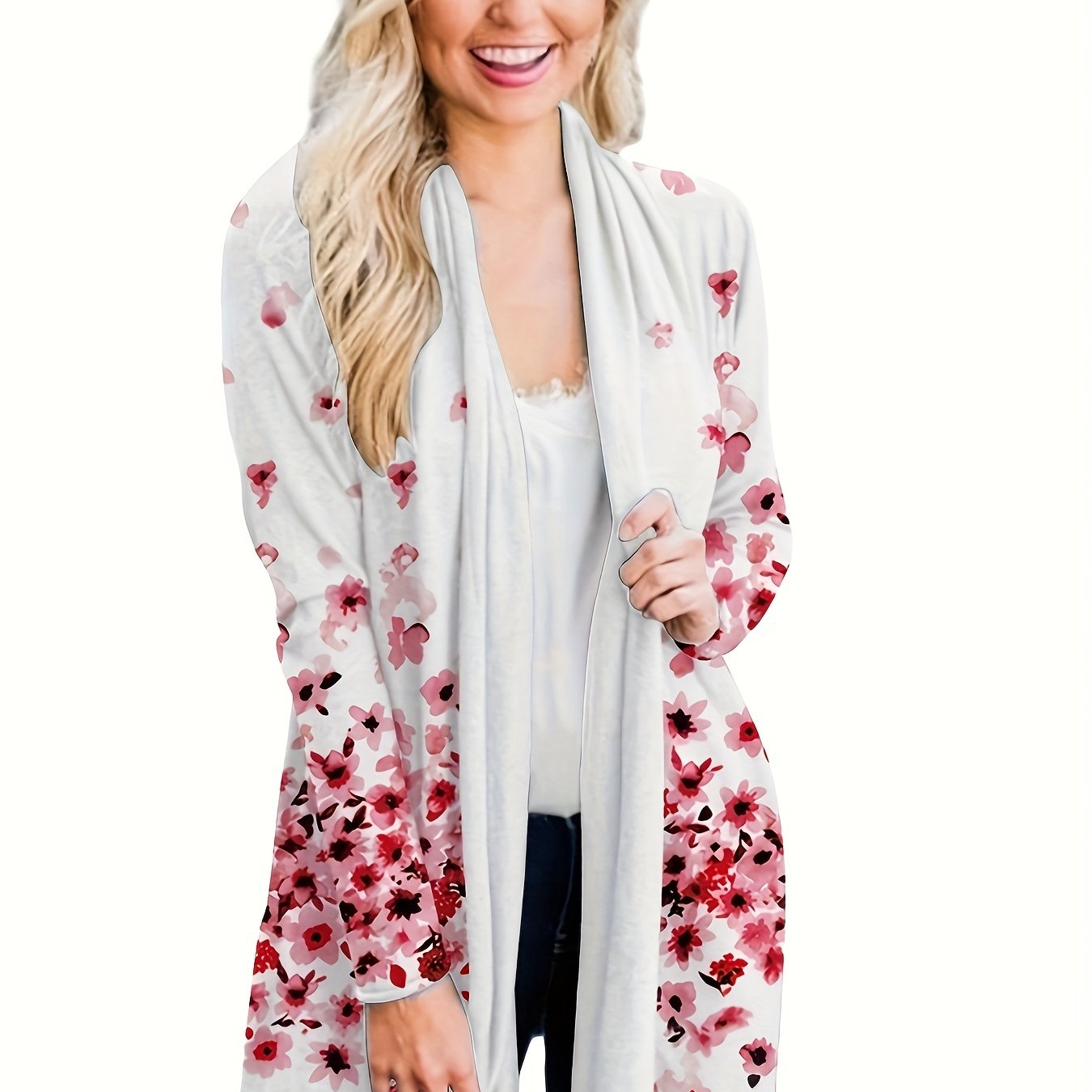 Floral Print Long Sleeve Open Front Cardigan