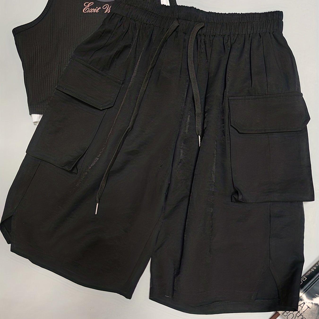 Solid Cargo Shorts Elastic Waist Wide Leg Shorts