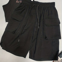 Solid Cargo Shorts Elastic Waist Wide Leg Shorts