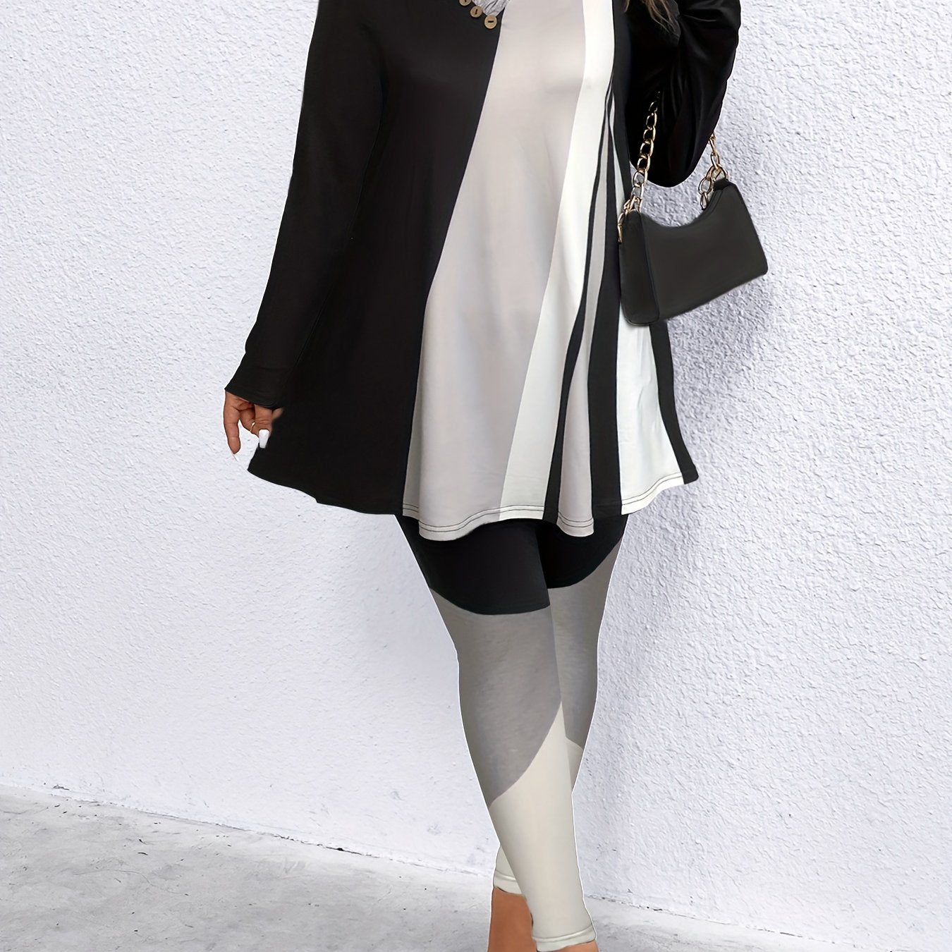 Patchwork Print Button Decor Top & Leggings Set