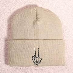 Men's Victory Sign Skull Knit Beanie Hat