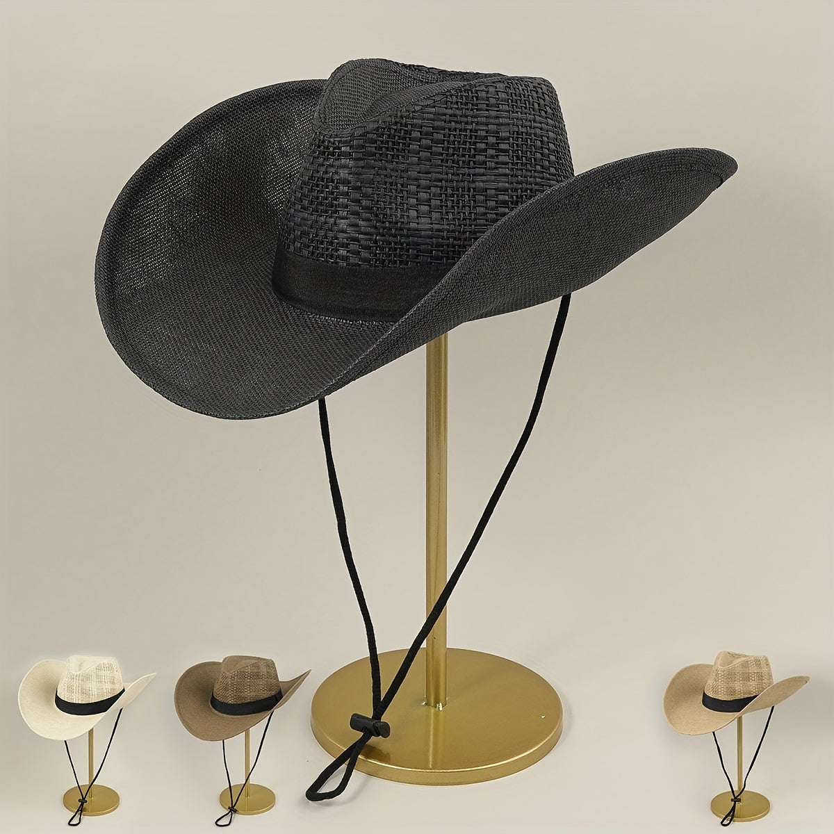 Drawstring Woven Cowboy Hat Outdoor Seaside Sunscreen Jazz Straw Hat