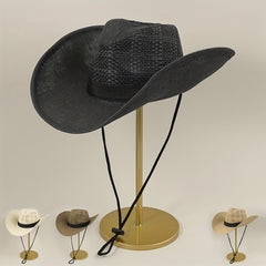 Drawstring Woven Cowboy Hat Outdoor Seaside Sunscreen Jazz Straw Hat