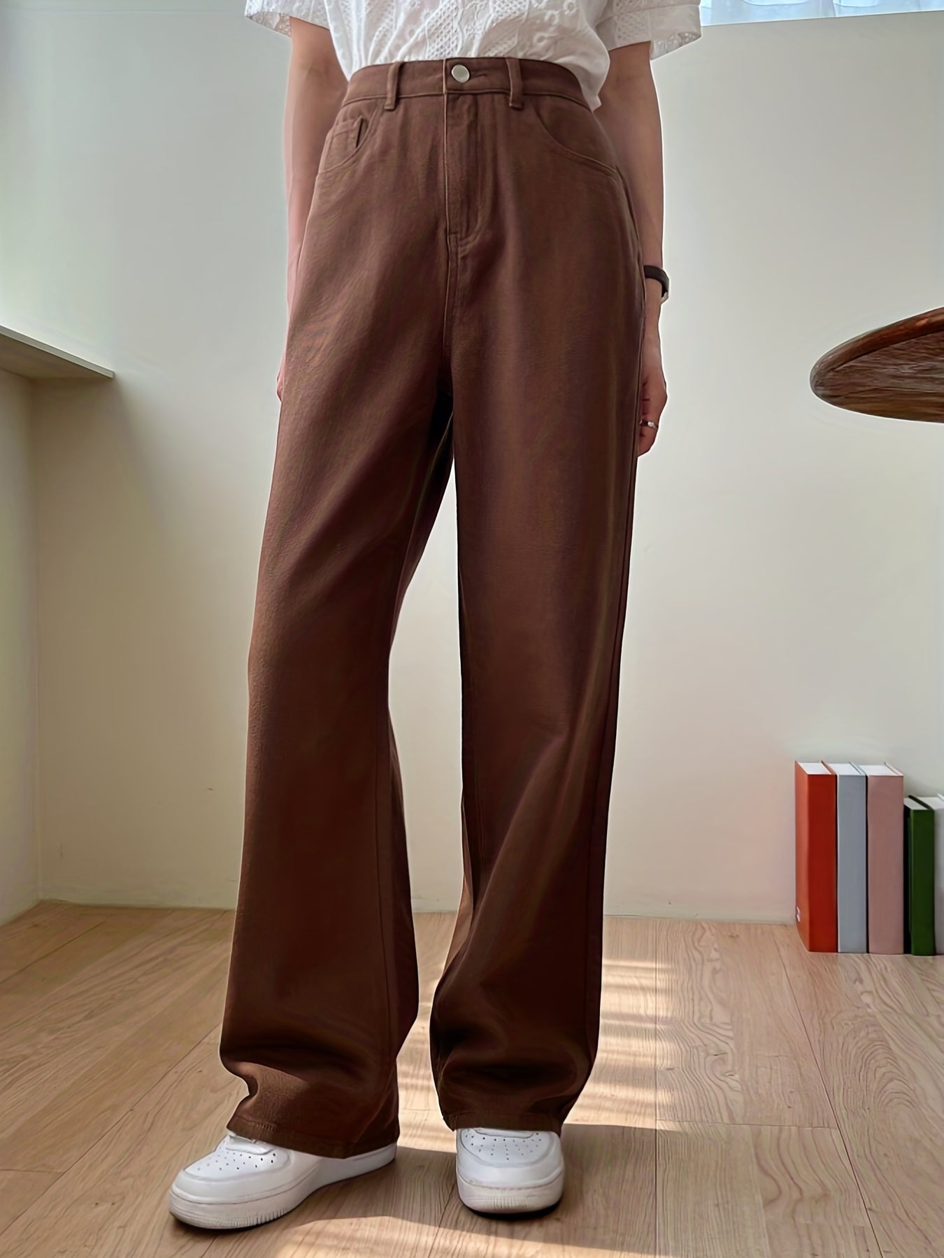 Brown Straight Jeans Non Stretch Casual Denim Pants Women's Jeans