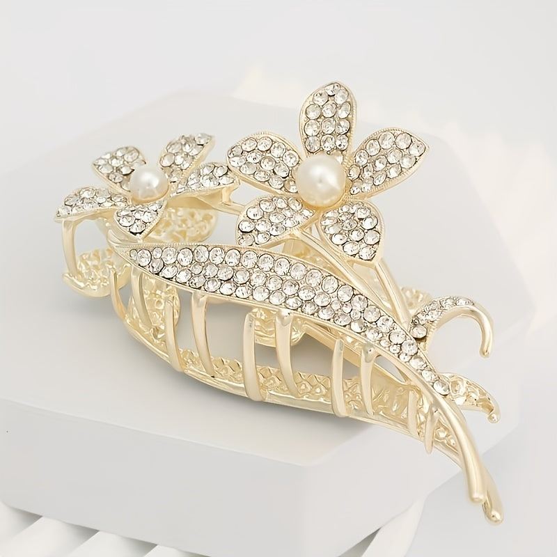 Girls Flower Hair Clip with Rhinestones & Faux Pearls