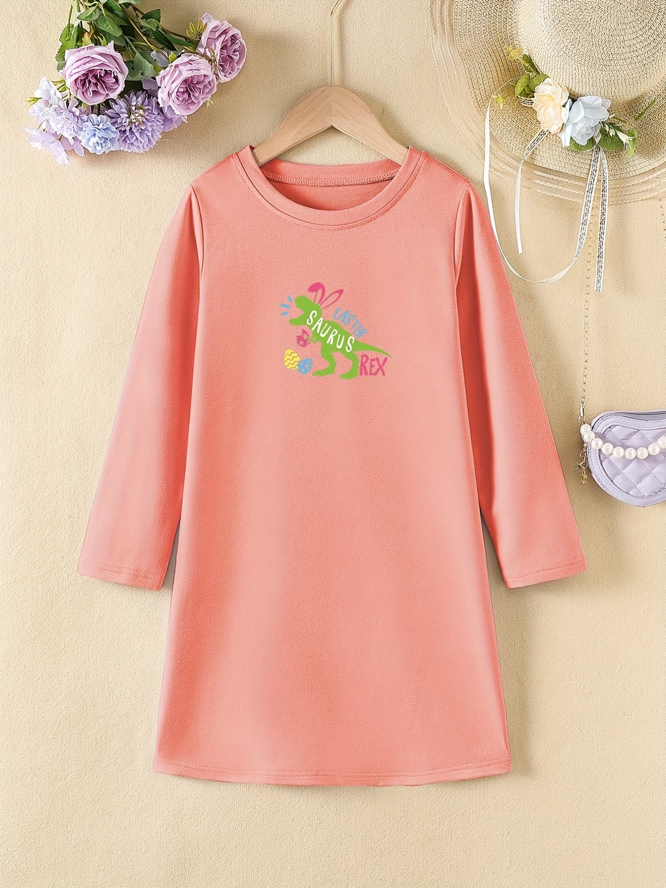 Easter Dinosaur Short Sleeve Casual T Shirt Dress for Toddler Girls
