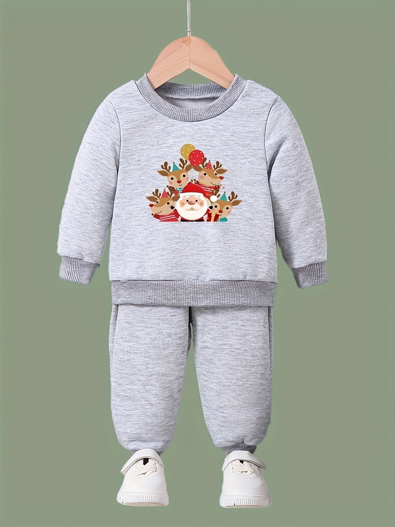 Girls 2pc Santa & Deer Pattern Crew Neck Sweatshirt & Solid Sweatpants Set