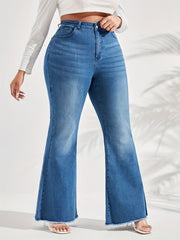 Washed Button Fly Flared Leg Jeans with Fringe Trim