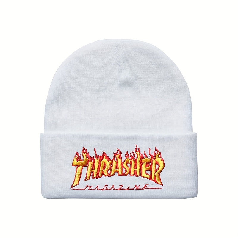 Flame Letter Embroidery Knitted Beanie Hat Winter Warmth Sports Elasticity