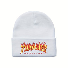 Flame Letter Embroidery Knitted Beanie Hat Winter Warmth Sports Elasticity