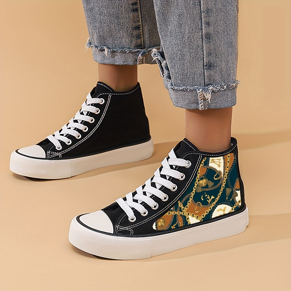 Retro Chain Print Chunky Canvas Sneakers High Top Skate Shoes