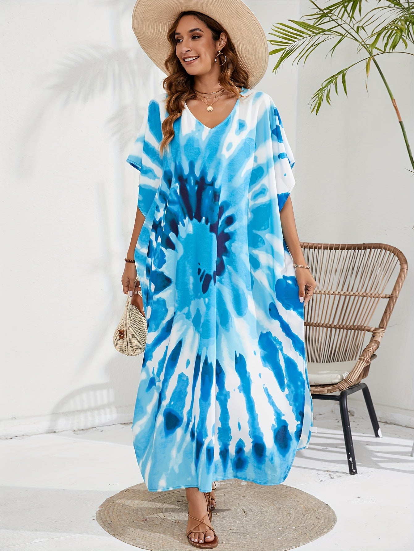 Boho Tie Dye Print Batwing Sleeve Maxi Cover Up Dress