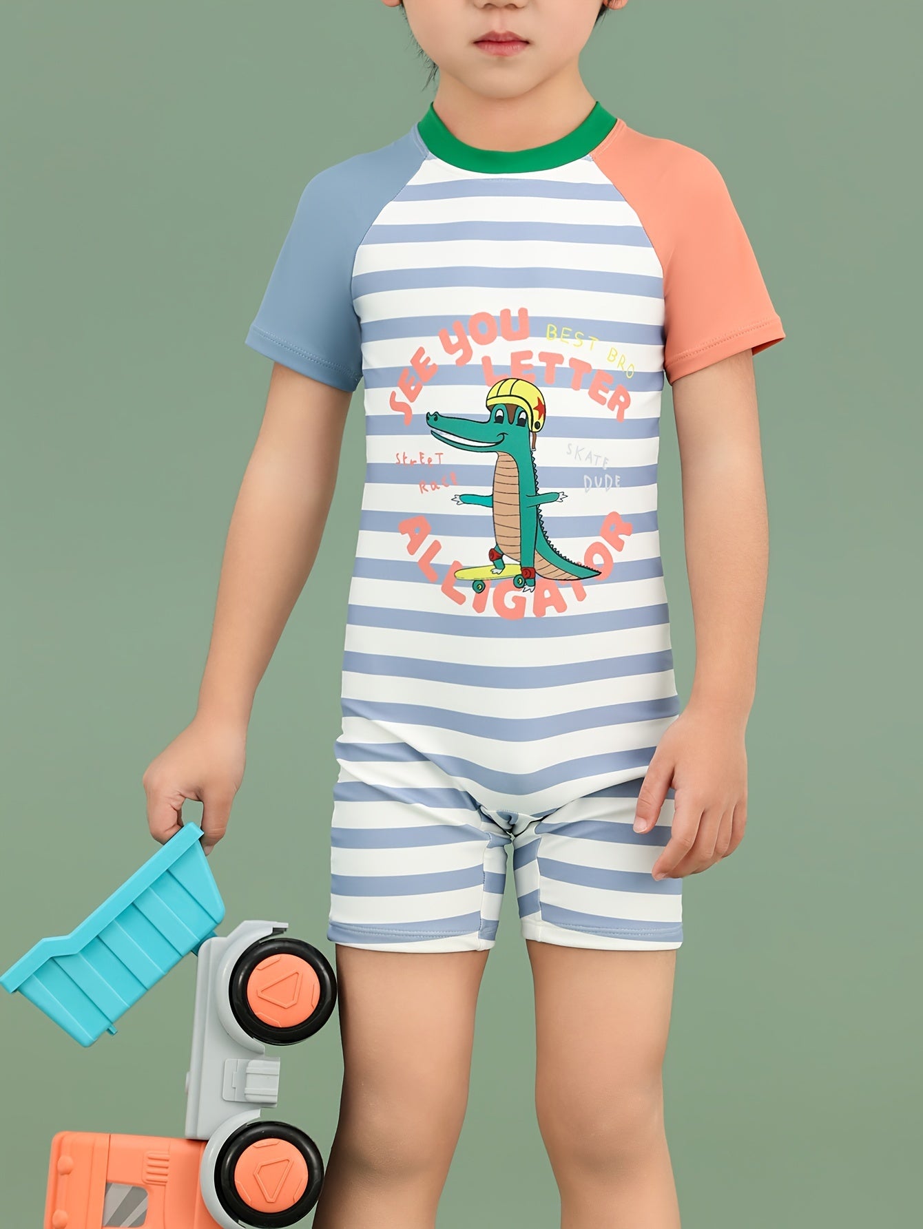 Boy's Crocodile Print One-Piece Swim Suit Short Sleeve Shorts