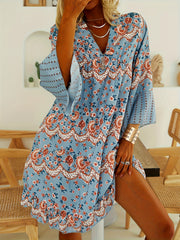 Boho Dress Women's Plus Floral Bell Sleeve V Neck Dress