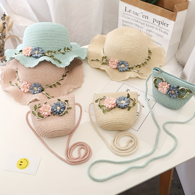 Girls Flowers Lace Trim Straw Hat & Bag Set UV Protection Sun Hat S
