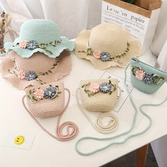Girls Flowers Lace Trim Straw Hat & Bag Set UV Protection Sun Hat S