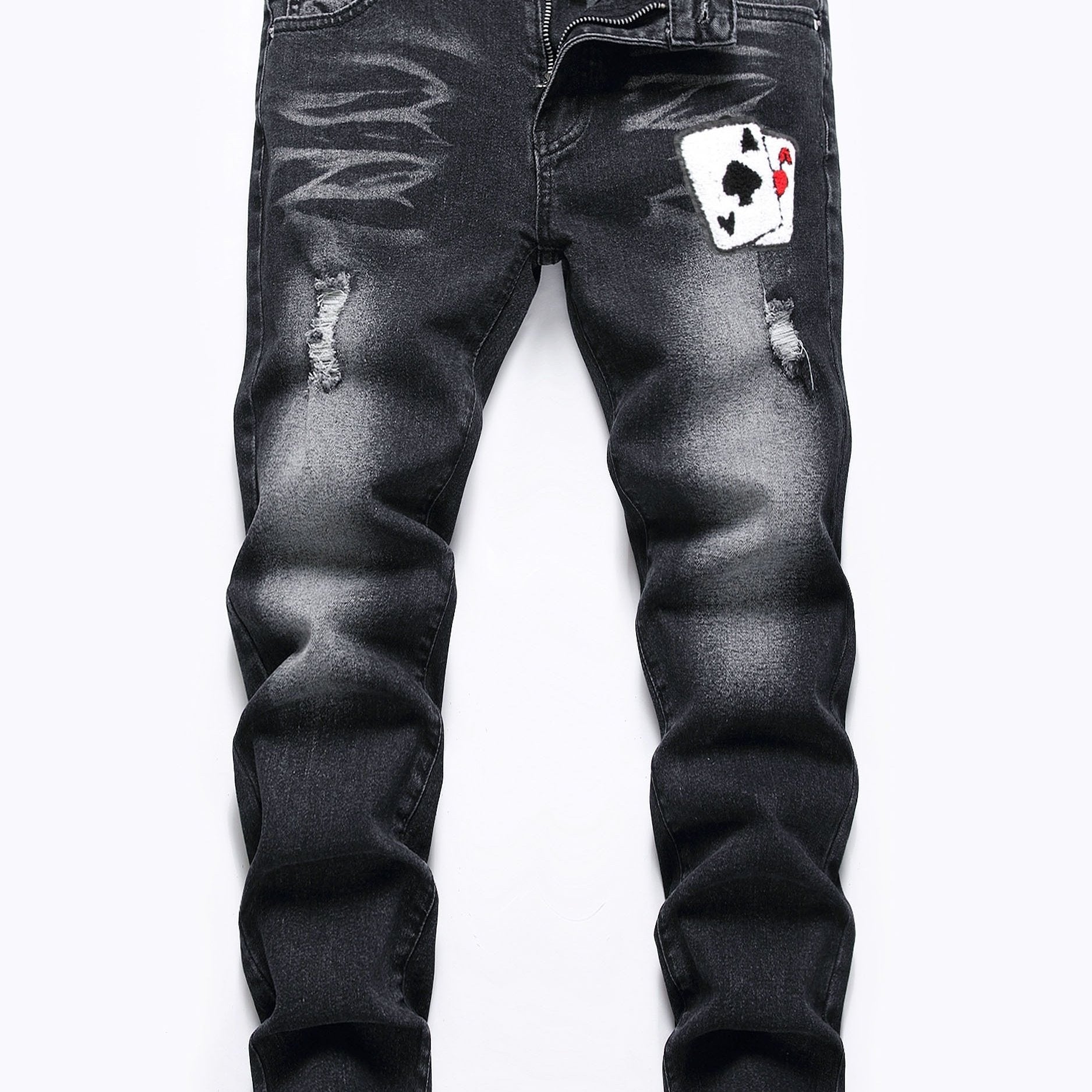 Boys Poker Card Embroidered Ripped Denim Slim Fit Jeans
