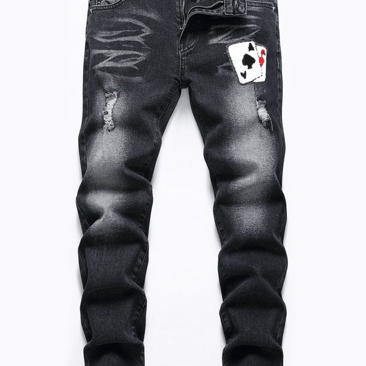 Boys Poker Card Embroidered Ripped Denim Slim Fit Jeans