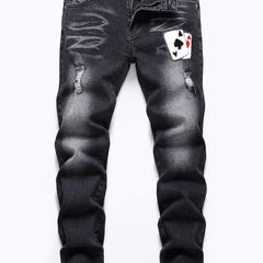 Boys Poker Card Embroidered Ripped Denim Slim Fit Jeans