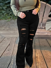 High Waist Ripped Bootcut Denim Jeans Slim Fitting Flare Legs Pants