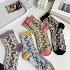5 Pairs Retro Style Floral Print Colorblock Crew Socks Women's Stockings
