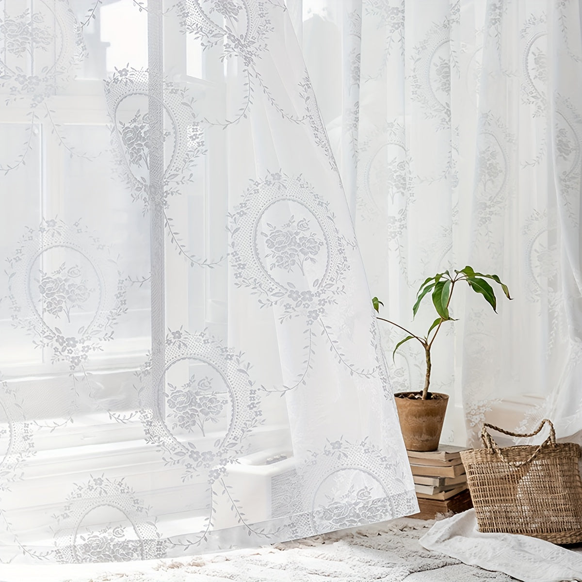 Sweet Flower Pattern Sheer Curtain Rod Pocket Curtain