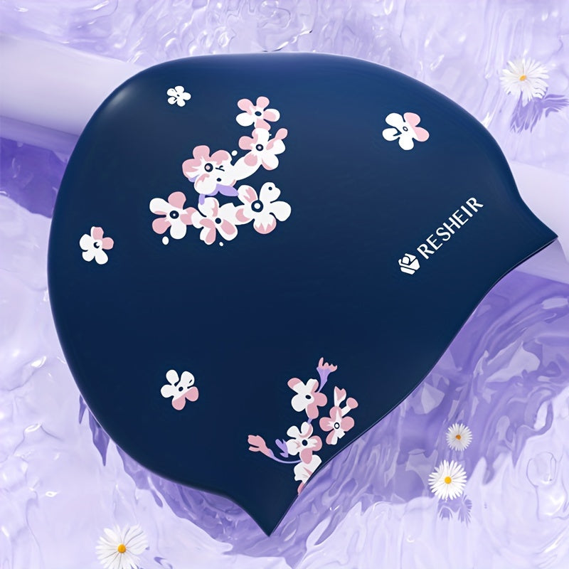Flower Pattern Silicone Swim Cap, Waterproof, Comfortable