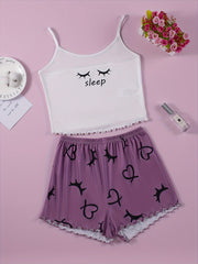 Heart & Eyelash Print Pajama Set Cami Top & Shorts Women's Sleepwear