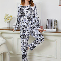 Floral Print Pajama Set Long Sleeve Crew Neck Top & Elastic Waistband Pants