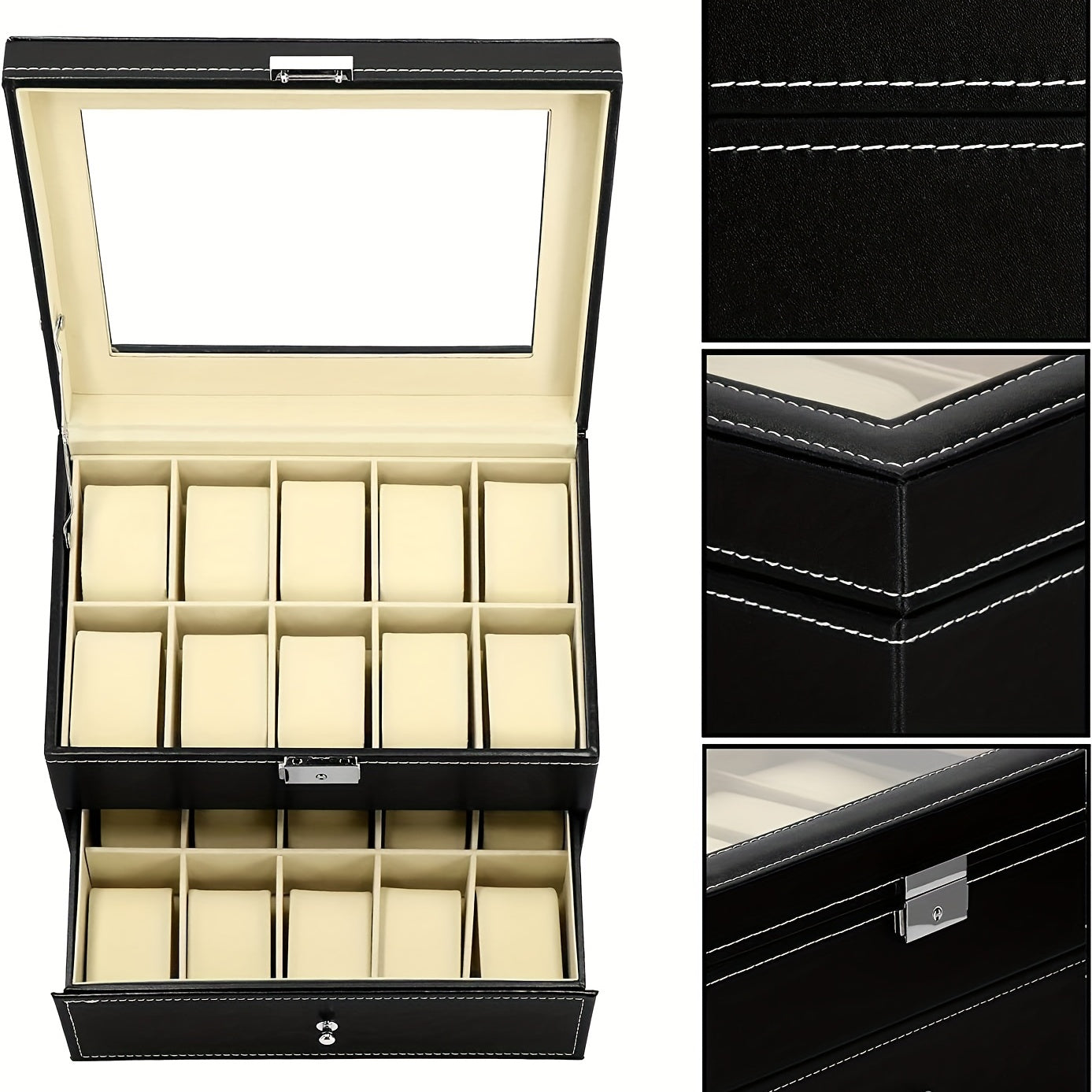 2-Layer Watch Storage Box 20 Watches Leather Case Lock