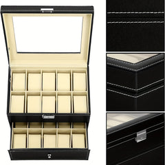 2-Layer Watch Storage Box 20 Watches Leather Case Lock