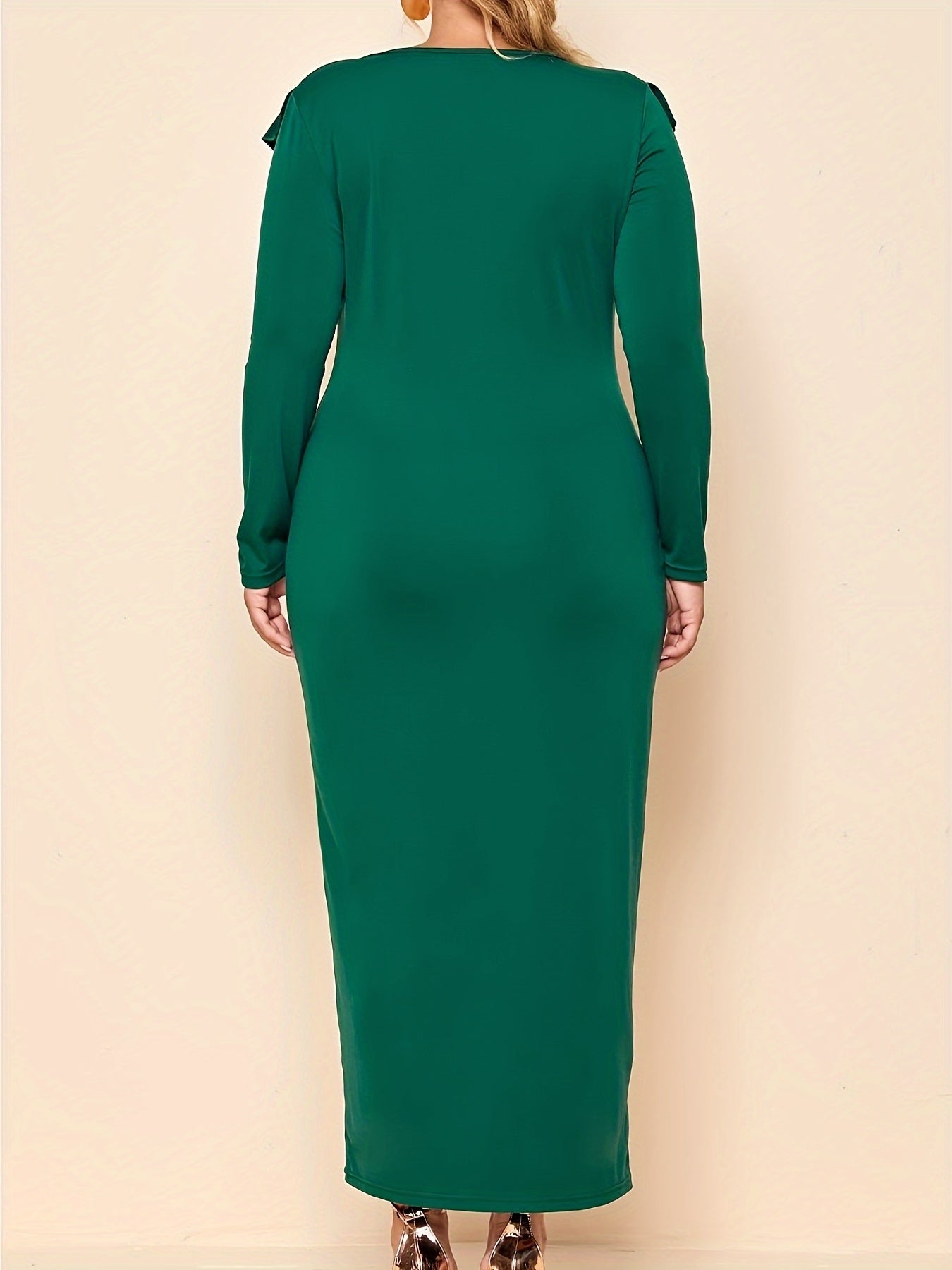 Solid Ruffle Trim V Neck Maxi Dress