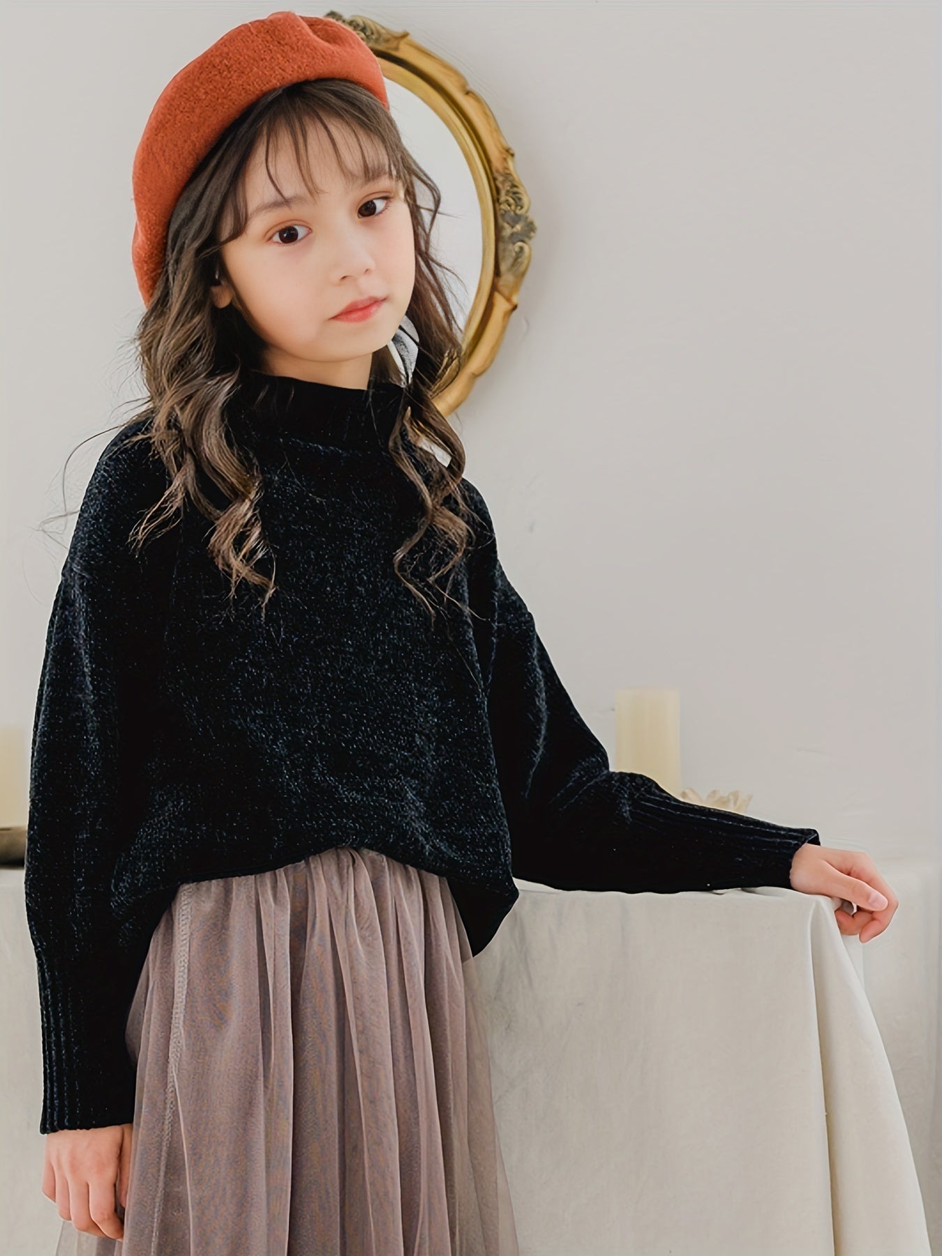 Stretchy Comfy Solid Long Sleeve Sweater Girls Anti Pilling Knitwear