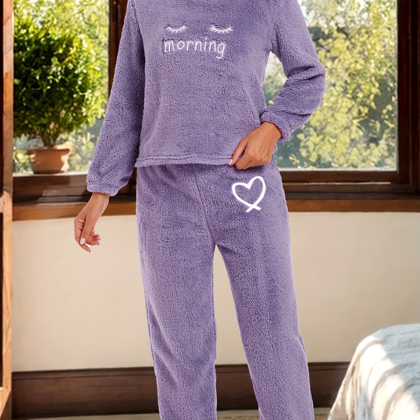 Cozy Fuzzy Pajama Set Long Sleeve Top & Elastic Waistband Pant