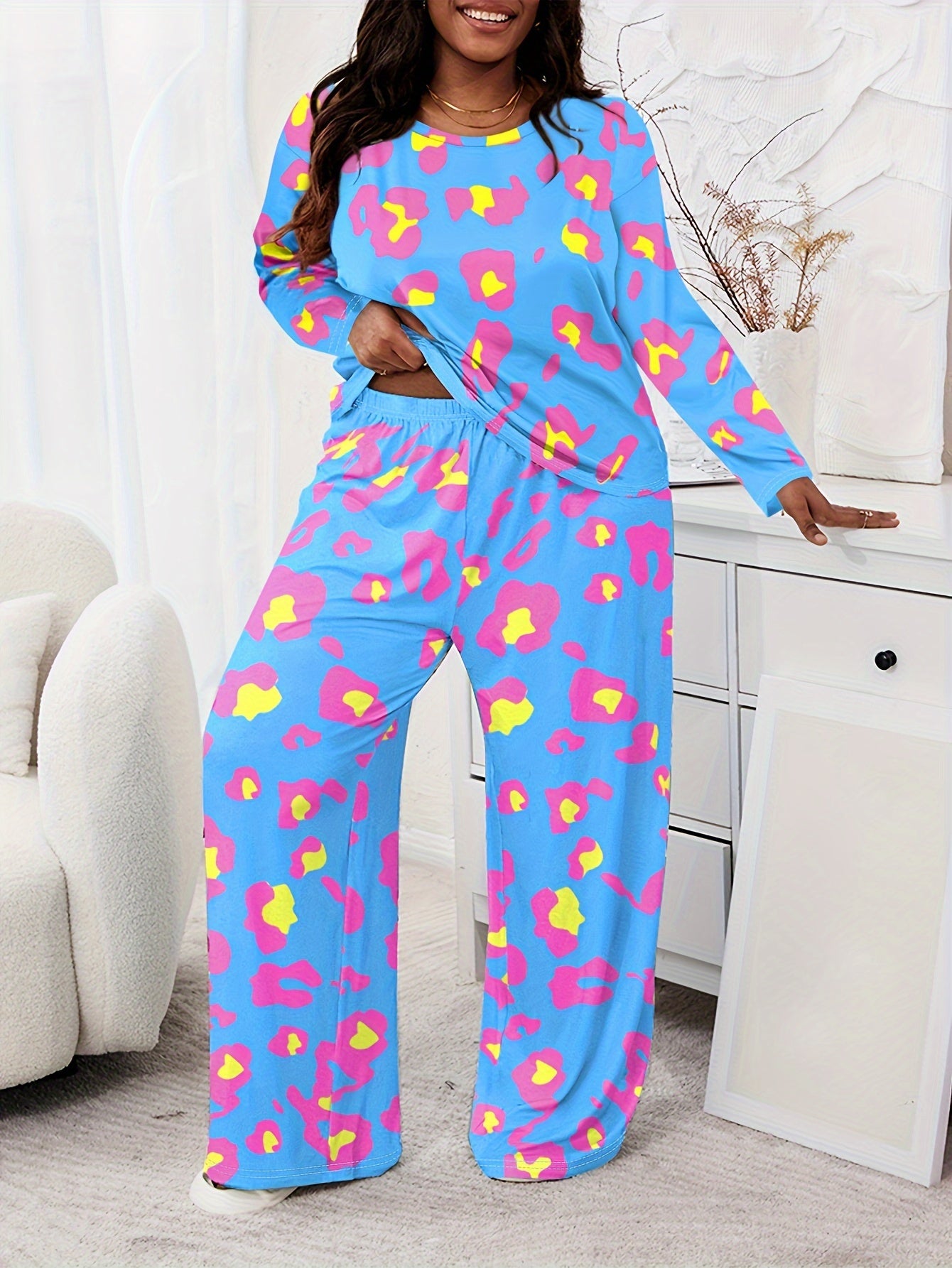 Leopard Print Pajama Set Long Sleeve Tee & Pants