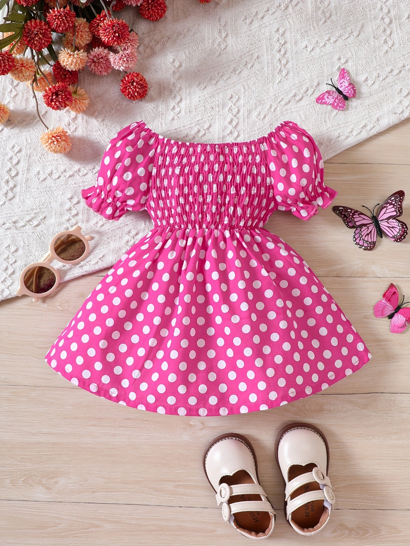 Baby Girls Butterfly Floral Print Puff Sleeve Dress for Summer