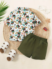 2pcs Baby Boys Cartoon Print Shirt & Shorts Set for Summer