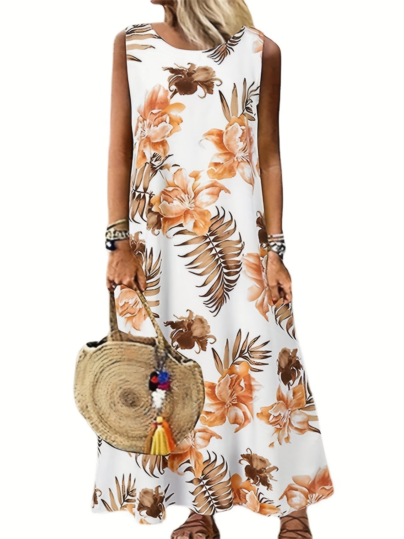 Floral Print Round Neck Maxi Tank Dress