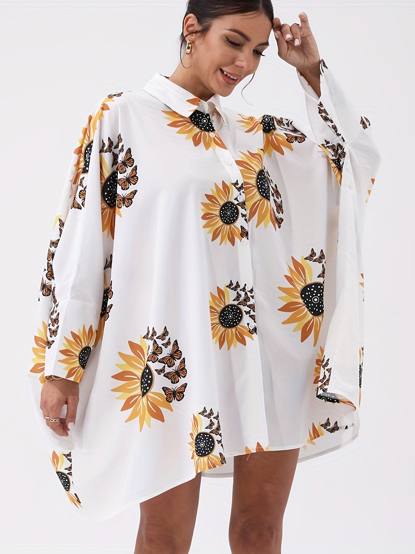 Sunflower Print Long Sleeve Casual Blouse