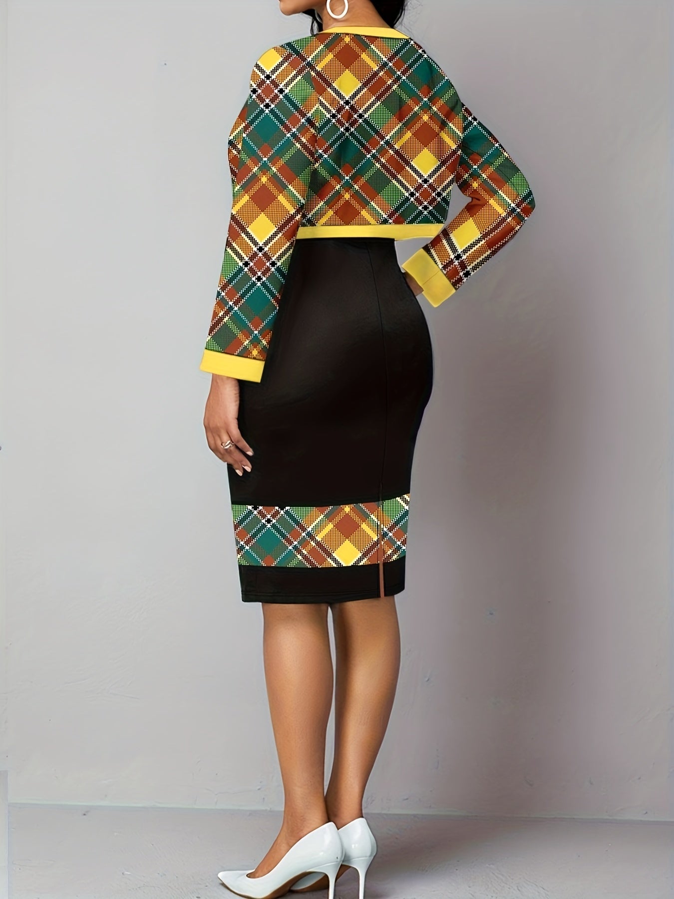 Colorblock Plaid Print Dress & Cardigan Set